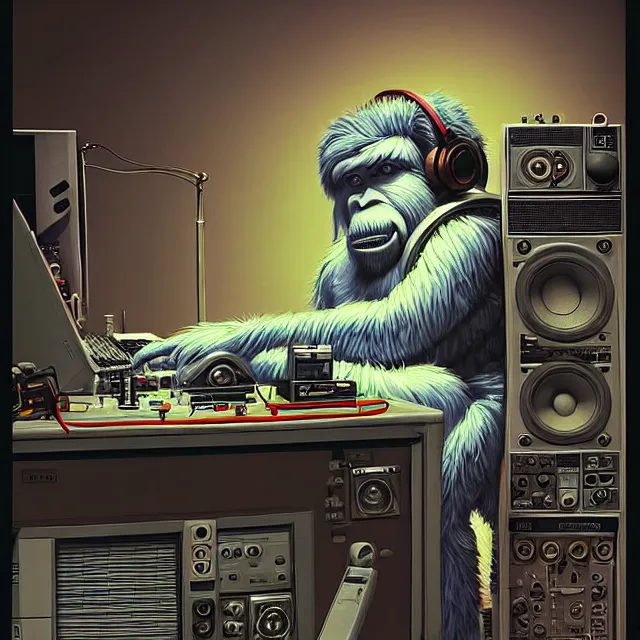 Image similar to a portrait of an anthropomorphic cyberpunk yeti podcasting while working in his secret electronics lab, detailed render, tape deck, studio microphone, boombox, headphones, epic composition, cybernetics, 4 k realistic, cryengine, realistic shaded lighting, sharp focus, masterpiece, by matteo scalera, gary montalbano, peter elson in the style of the tokyo ghost comic