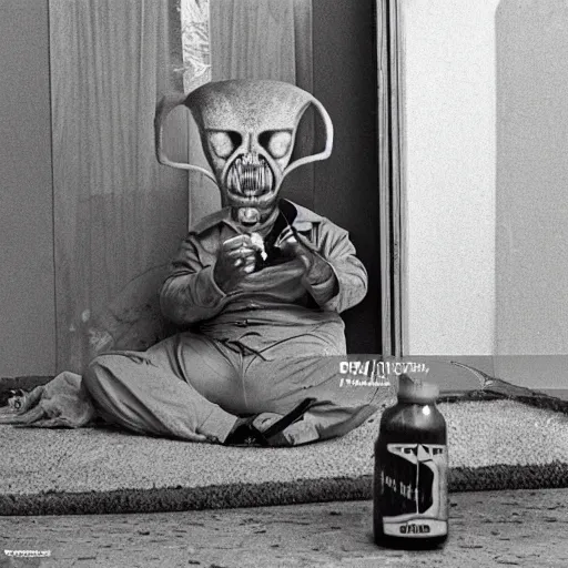 Prompt: an alien is sitting in the entrance of a soviet house, eating seeds and drinking beer, top secret style photo, 7 0 s