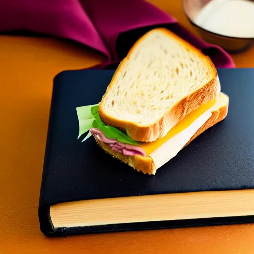 Image similar to a ham and cheese sandwich on bunny bread, sitting on a thick old book. high definition photograph