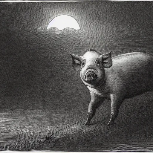 Prompt: pig in a tuxedo coming out of a barn, dark, moon, dark clouds, high detail, dramatic light, drawing gustave dore