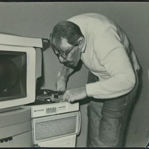 Image similar to polaroid photo of my dad trying to fix our old TV from the 50's, photo taken em 1976, in color