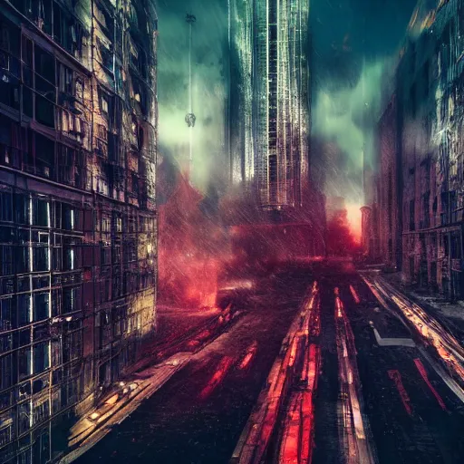 Image similar to an large apocalyptic city with tall buildings, london architecture in the style of liam wong, cinematic, epic environment, wide lens, cinematic lighting