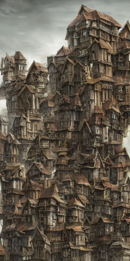 Prompt: an infinite amount of medieval houses stacked on each other, creating a monolith, concept art, very very very very tall, trending on deviantart, movie still, award wining photograph