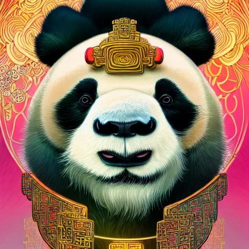 Image similar to a beautiful hyperdetailed character design 4 k wallpaper illustration of a cute panda with a chinese lion dance head victo ngai cyberpunk style, from china, style of studio ghibli, makoto shinkai, raphael lacoste, louis comfort tiffany, artgerm, james jean, ross tran, chinese style