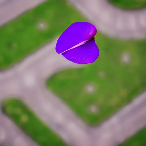 Image similar to closeup photo of 1 lone purple petal flying above a city park, aerial view, shallow depth of field, cinematic, 8 0 mm, f 1. 8