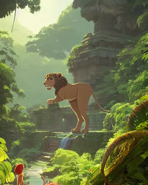 Prompt: statue of a lion in a temple, lush vegetation, waterfalls, cory loftis, james gilleard, atey ghailan, makoto shinkai, goro fujita, character art, rim light, exquisite lighting, clear focus, very coherent, plain background, soft painting