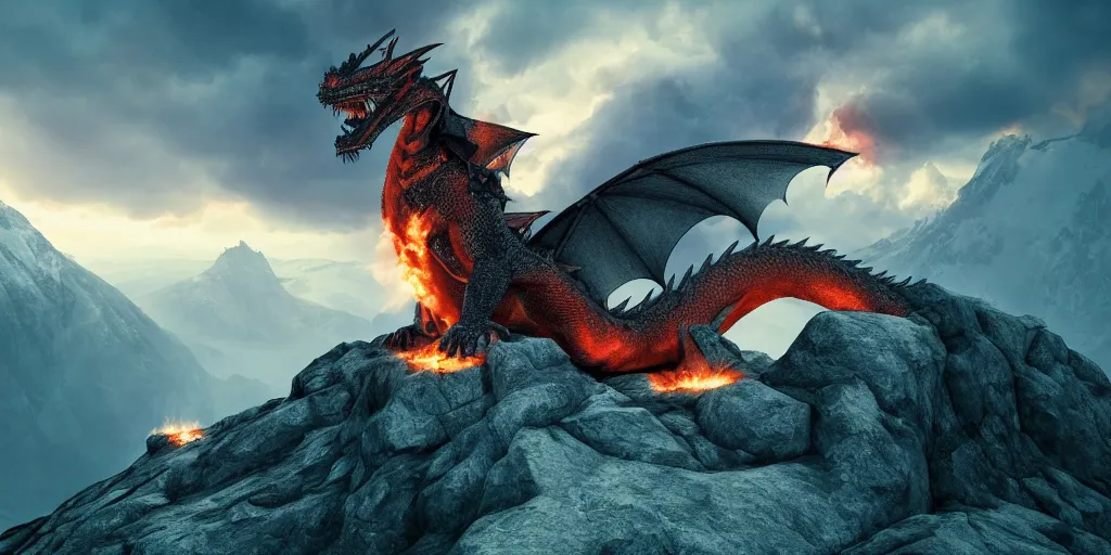 A dragon breathing fire on the top of a mountain, epic | Stable Diffusion