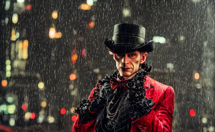 Image similar to cinestill 5 0 d candid photographic portrait by david cronenberg of baroque steampunk cyborg gentleman wearing a red edwardian suit and top hat, floral growths, modern cyberpunk moody emotional cinematic, closeup, pouring rain menacing lights shadows, 8 k, hd, high resolution, 3 5 mm, f / 3 2, ultra realistic faces, ex machina