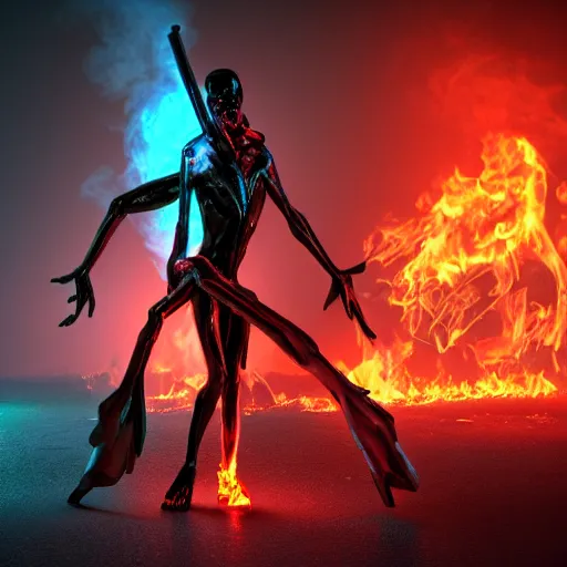 Prompt: a neon grim reaper in hells graveyard, amazing fire art, ray tracing, realistic fire sharp focus, long shot, 8 k resolution, cinematic