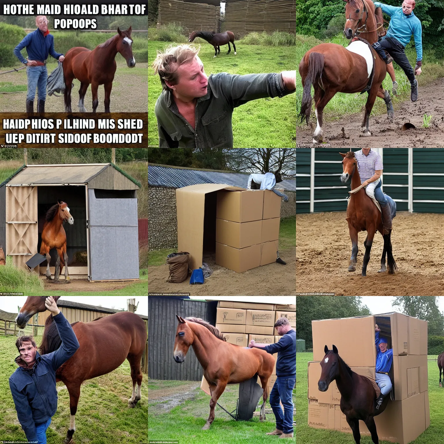 Prompt: idiotic horse - slapping mud moron, albatross idiot of stupid dipstick falling through a shed made of cardboard boxes man