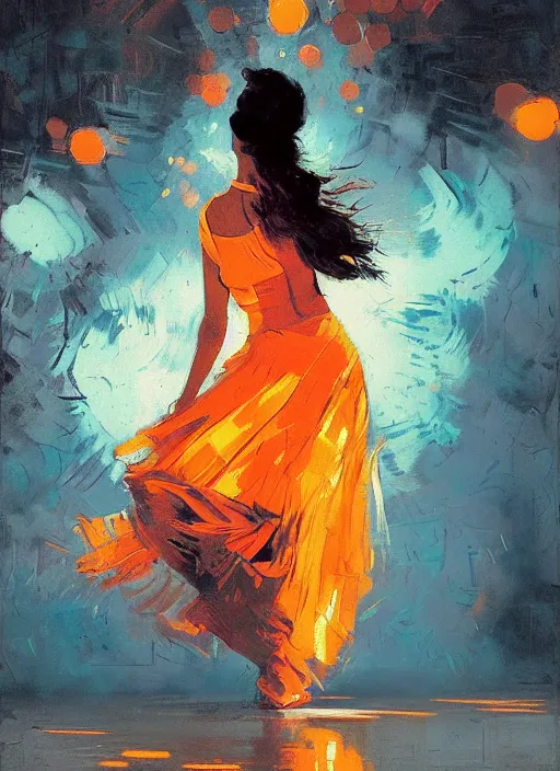 Image similar to portrait of beautiful girl, dancing, ecstatic, nighclub, sunset, shades of orange and blue, beautiful face, rule of thirds, intricate outfit, spotlight, by greg rutkowski, by jeremy mann, by francoise nielly, by van gogh, digital painting