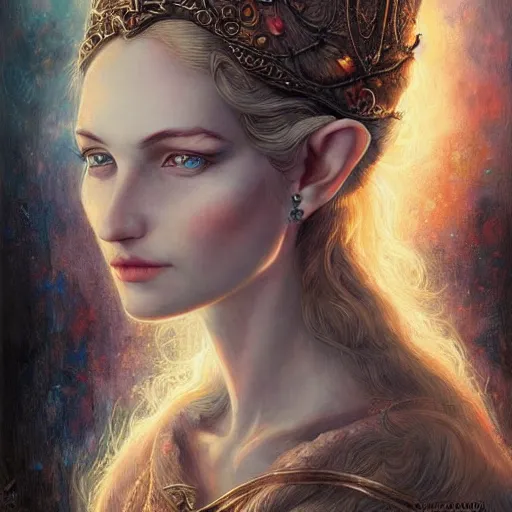 Prompt: portrait of beautiful elvish goddess , 8k, highly detailed, sharp, realistic, in style of Anna Dittmann and Gerald Brom