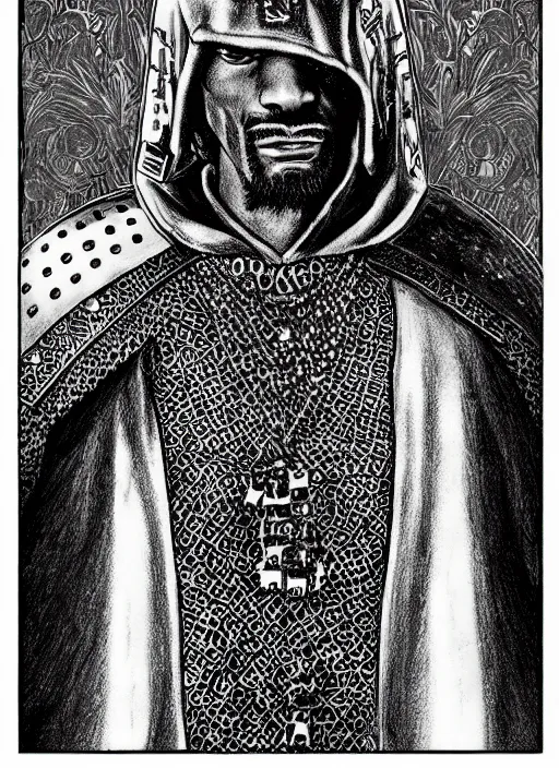 Image similar to Snoop Dogg as a knight, highly detailed, black and white, manga, art by Kentaro Miura