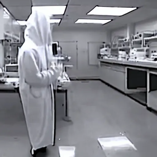 Image similar to cctv footage of a hooded ghost inside a laboratory