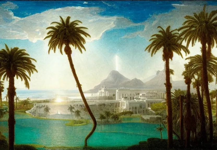 Image similar to Palace floating in the sky, 1km tall, thunderstorm, greek pool, beach and palm trees on the background major arcana sky, by paul delaroche, hyperrealistic 4k uhd, award-winning, very very very detailed