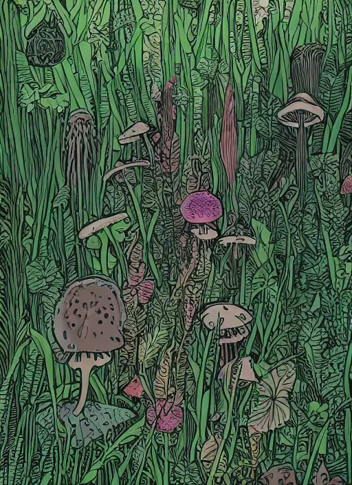 Prompt: surreal line art by by sam bosma, a lot of jungle flowers and exotic plants + toxic mushrooms + long grass + mystic fog, 5 0's vintage sci - fi style, rule of third!!!!, line art, 8 k, ultrafine hyperdetailed, generative art, matte drawing, anaglyph filter, green color palette, top view