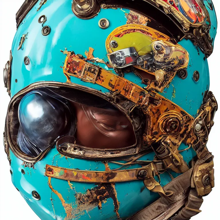 Prompt: portrait of a military fighter pilot in ornate motorcycle dirt helmet in a helmet background turquoise plastic bag, circuitboard,, rich deep colors, ultra detail, by francis bacon, james ginn, petra courtright, jenny saville, gerhard richter, zdzisaw beksinsk, takato yamamoto. masterpiece, elegant fashion studio ighting 3 5 mm