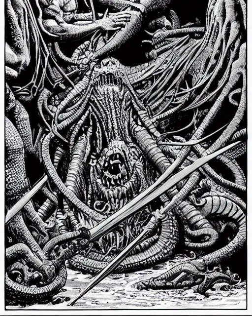 Prompt: fishmen with weapons worship a statue of cthulu in a large water - filled cavern. black and white line art, drawn by moebius, peter mullen, niklas brandt