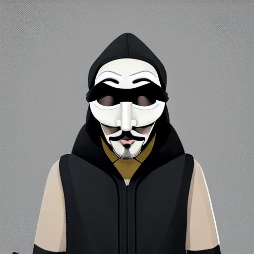 Image similar to portrait of a masked anonymous hacker, he wears a guy fawkes mask and a black hoodie, mattepainting concept blizzard pixar maya engine on stylized background splash comics global illumination lighting artstation lois van baarle, ilya kuvshinov, rossdraws