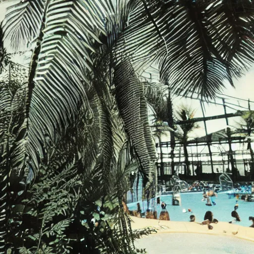 Image similar to inside waterpark with ferns and palm trees, liminal, photo from the 80s, found footage, wideangle,