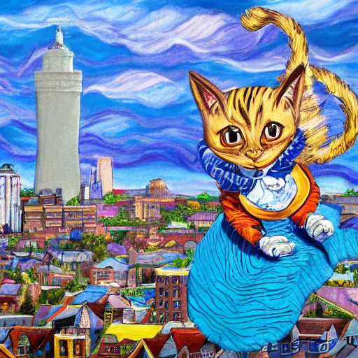 Prompt: Alice riding atop the Cheshire Cat, flying over Portland Maine, city skyline, highly detailed painting