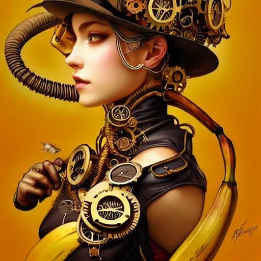 Image similar to STEAMPUNK BANANA! Epic fantasy art, award winning on Artstation, intricate, elegant, highly detailed, digital painting, art by artgerm and greg rutkowski and alphonse mucha, banana, banana, banana, only a steampunk banana please.