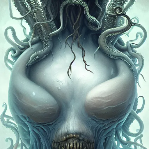 Image similar to curiosities from cthulhu, soft paint of a single curvy beautiful necromancer of madness and insanity in full mage armor, symmetry accurate features, horror, tentacles, dense volumetric fog, focus, very intricate ultrafine details, gloomy colors, award winning masterpiece, tom bagshaw artstyle