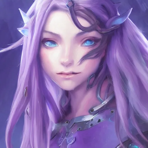 Image similar to an elf girl with pale grey skin with blues and long purple hair, wearing armor, highly detailed, digital painting, artstation, matte, by makoto shinkai, animation style