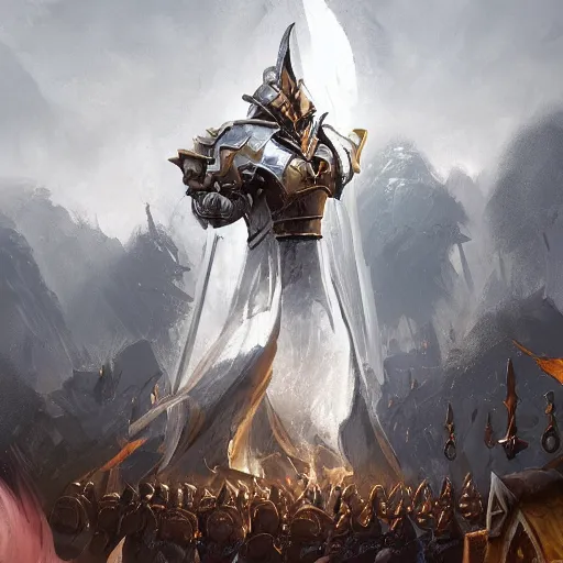 Image similar to a giant white chess knight piece, knight chess, glowing chess knight, chess knight, chess knight, chess knight, battlefield background, bright art masterpiece artstation. 8 k, sharp high quality artwork in style of jose daniel cabrera pena and greg rutkowski, concept art by tooth wu, hearthstone card game artwork, chess knight