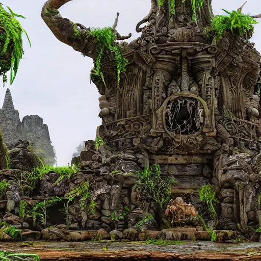 Image similar to an ancient collapsing temple to Shrek discovered deep in the swamps, 4k render, octane, ancient ogre imagery, tribal war god, dark amazonian temple, onion statue, gargoyle-like decorations in the style of Donkey. hyper-detailed, intricate, hallowed swampland