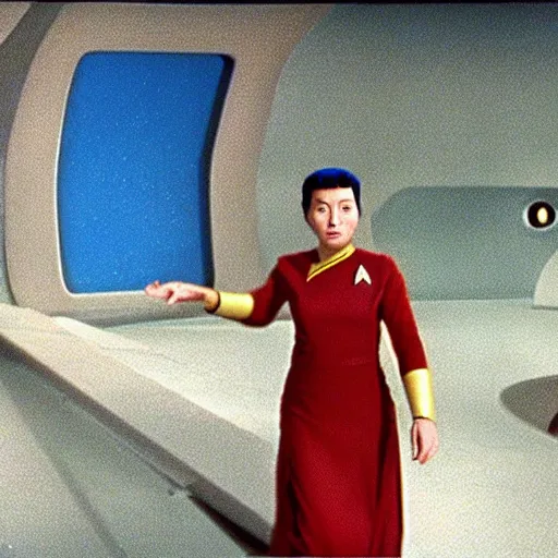 Image similar to movie still of star trek, woman in dress, studio ghibli