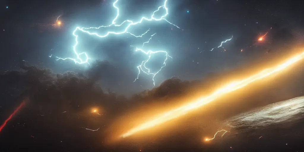 Prompt: huge space battle, lightning, moody lighting, 8 k