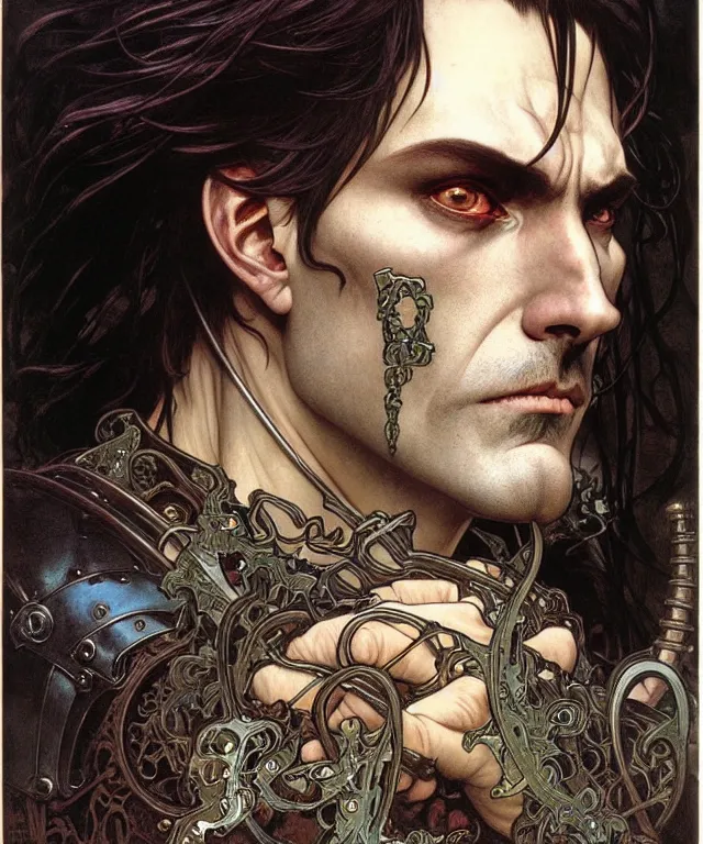 Prompt: realistic detailed face portrait of a rugged ominous handsome necromancer with black hair and black leather armor by alphonse mucha, ayami kojima, amano, greg hildebrandt, and mark brooks, male, masculine, art nouveau, neo - gothic, gothic, character concept design