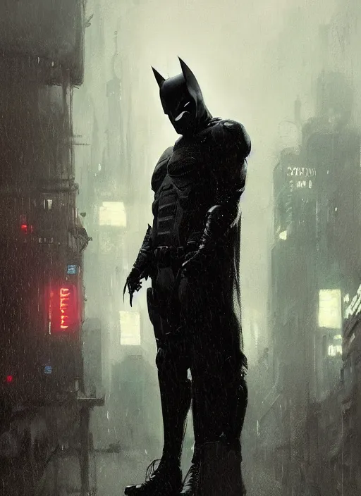 Image similar to cyberpunk batman, rule of thirds, russia, moscow, rain, lights, trending on artstation, intricate outfit, spotlight, by greg rutkowski, by jeremy mann, digital painting