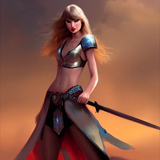 Prompt: taylor swift as a warrior maiden by wlop and glen rutkowski, mate painting, concept art, artstation