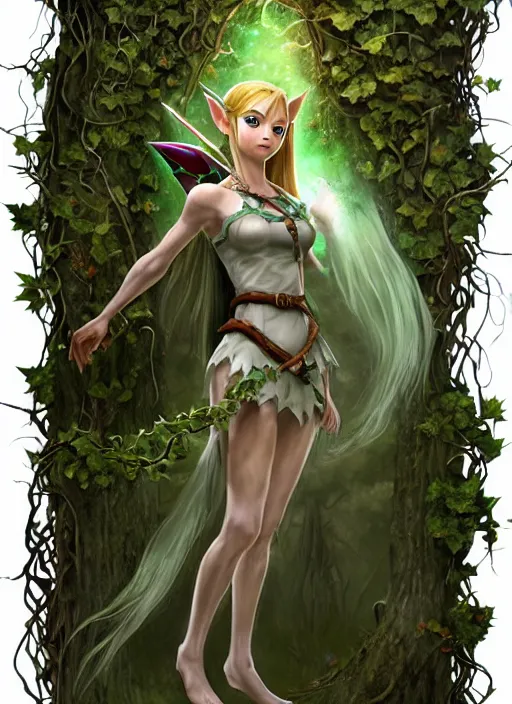 Prompt: beautiful full body portrait of the legend of Zelda ocarina of time great fairy, her body wrapped with ivy vines leaves and flowers, dark fantasy esoteric, D&D, fantasy, cinematic lighting, intricate, elegant, highly detailed, digital painting, artstation, concept art, matte, sharp focus, illustration, art by Artgerm and Tom Bagshaw and Greg Rutkowski and Alphonse Mucha