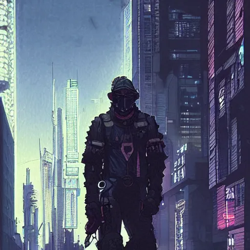 Image similar to cyberpunk mercenary walking the city streets, Industrial Scifi, detailed illustration, Chiaroscuro, concept art, by Martin Grip and Moebius