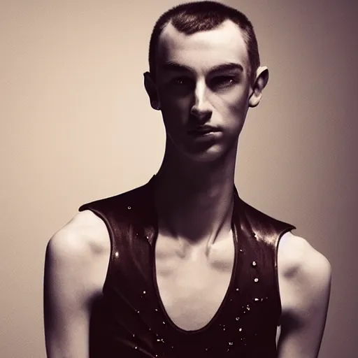 Prompt: a beautiful young male alienwearing iris van herpen couture, his hair moves with the wind, photographed by erwin olaf