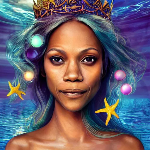 Prompt: zoe saldana portrait, fantasy, mermaid, hyperrealistic, game character, underwater, highly detailed, sharp focus, cinematic lighting, pearls, glowing hair, shells, gills, crown, water, highlights, starfish, jewelry, realistic, digital art, pastel, magic, fiction, ocean, king, colorful hair, sparkly eyes, fish, heroic, goddess, waves, bubbles, queen