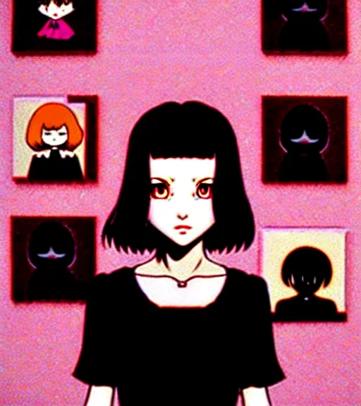 Prompt: girl with morbid thoughts wearing a black spring dress with short brown hair, queen of sharp needles and under the effect of psychosis, by Range Murata, Katsuhiro Otomo, Yoshitaka Amano, Andy Warhol.