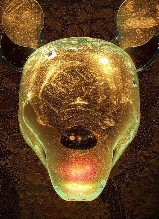 Image similar to mickey mouse head, fractal, broken, wet, mycelium, radiant alien, rococo, baroque, automotive, bio-mechanical, porcelain, iridescent sub surface scattering, octane render