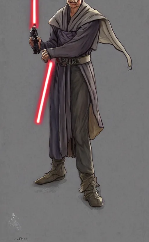 Image similar to a bittersweet depiction of the character as a jedi, with a characteristic item of clothing, using a medieval european style lightsaber, featuring a limited color palette by doug chiang