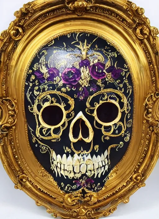 Image similar to baroque ornate gothic gold skull painting covered in jewels