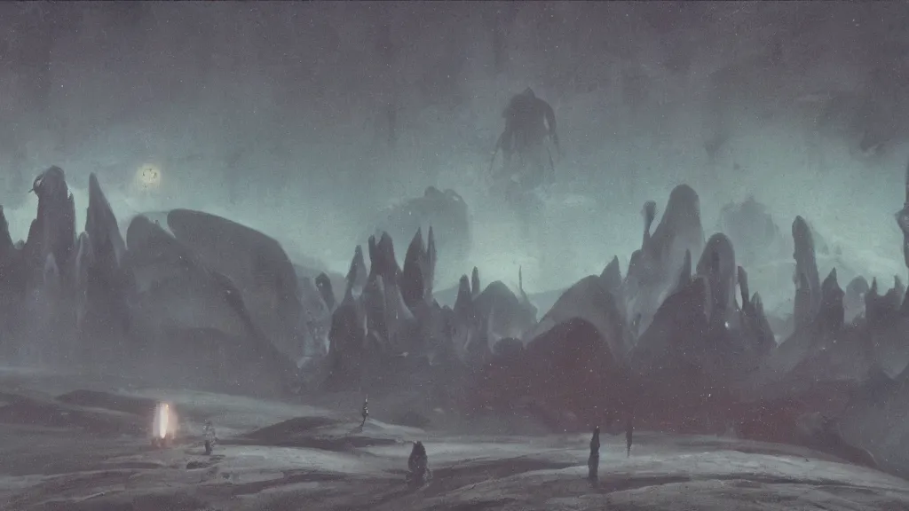 Image similar to eerie atmospheric alien planet by paul lehr and jack gaughan and john schoenherr, epic cinematic matte painting