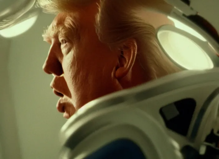 Image similar to screenshot from moody scene of Donald Trump dreaming on a spaceship, scene from the film Contact 1999 film directed by Jodi Foster, kodak film stock, anamorphic lens, 4K, film grain, detailed, stunning cinematography