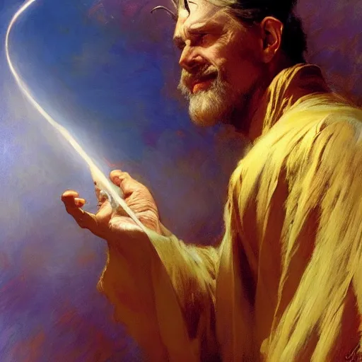 Image similar to stunning male wizard casting his anti - gravity spell, highly detailed painting by gaston bussiere, craig mullins, j. c. leyendecker, 8 k