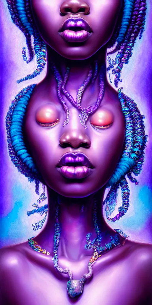 Prompt: hyperrealistic intricate close-up of beautiful african woman with purple hair and pearlescent blue skin hannah yata machiej kuciara dramatic neon lighting on one side