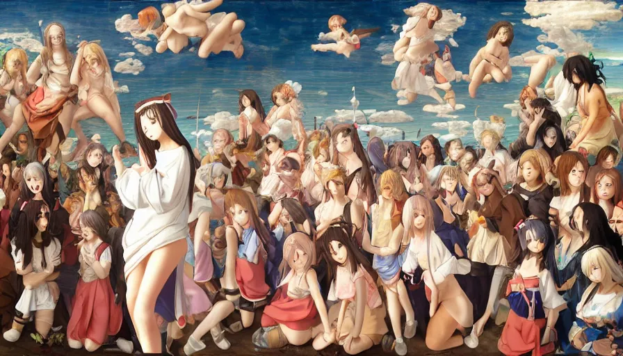 Image similar to jesus christ surrounded by cute anime girls, photorealistic, anime, mini skirt, neko, cat ears, renaissance painting, hyper real, detailed, wide angle shot, ultra detailed