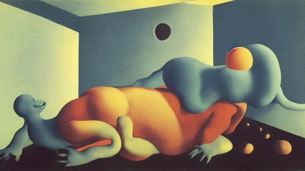Prompt: A claymation of a strange creature crawling on the living room ceiling by René Magritte