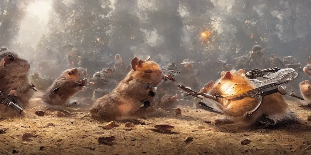 Image similar to highly detailed image of hamsters in a battle, hamsters, hamsters holding rifles, stephen bliss, unreal engine, fantasy art by greg rutkowski, global illumination, radiant light, detailed and intricate environment